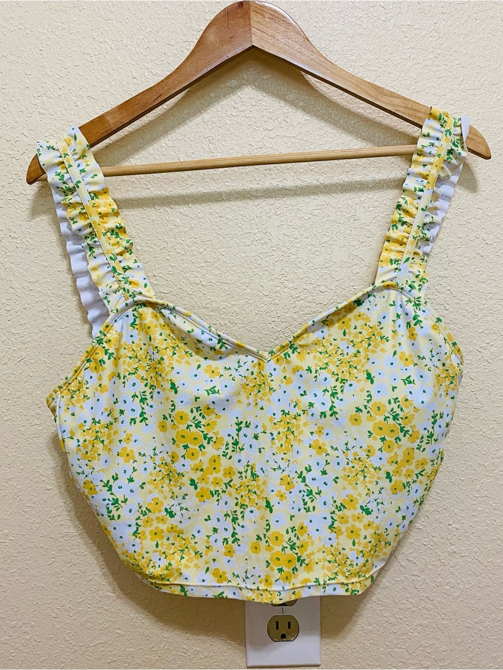 Yellow Floral Ruffle-Strap Bikini Top